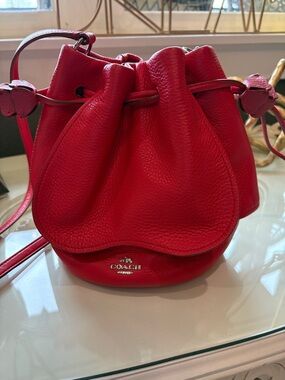 Coach Red Pebbled Leather Drawstring Bucket Crossbody